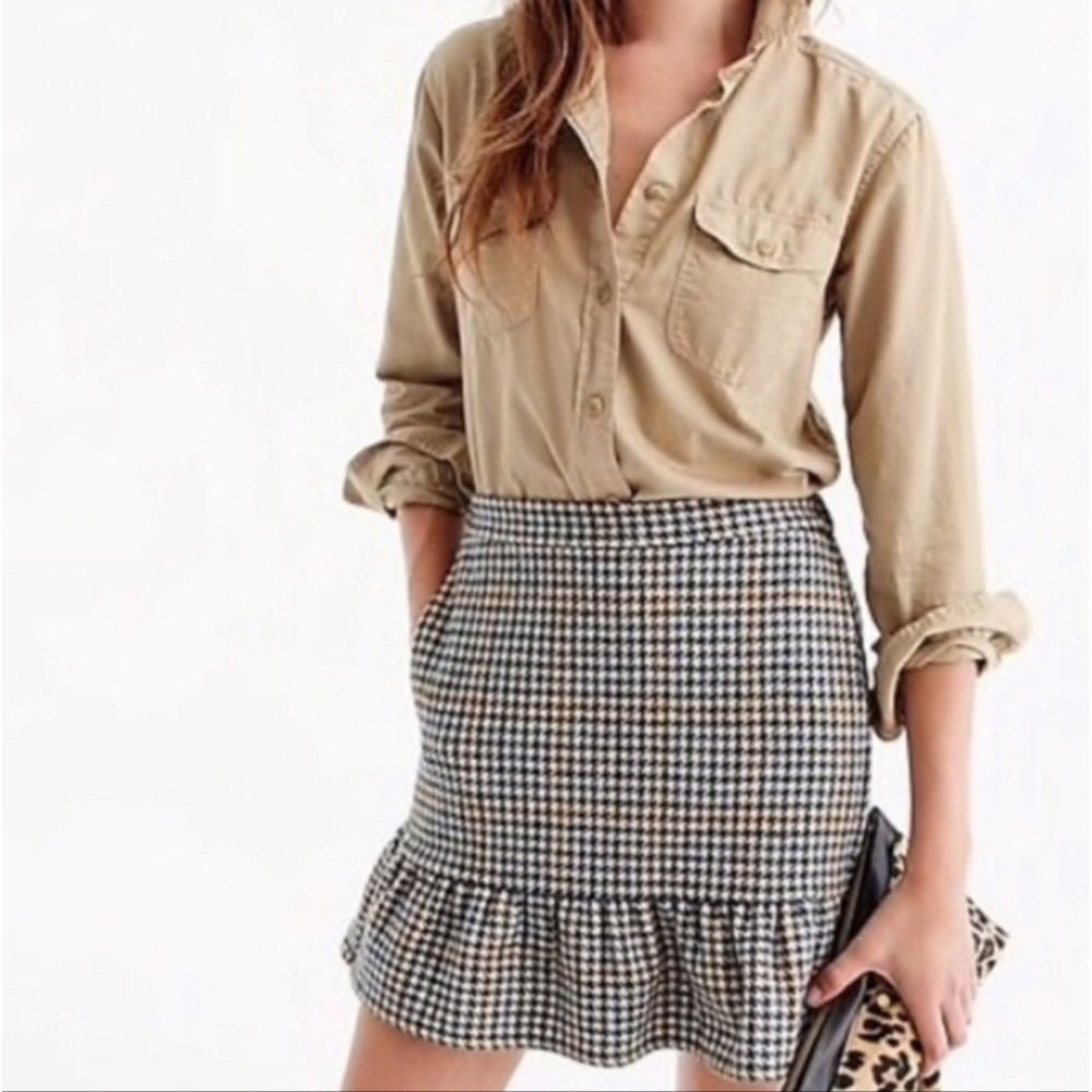 NWOT J.Crew Plus 14‎ Houndstooth Ruffle Skirt 100% Wool W/Pockets Preppy Coastal